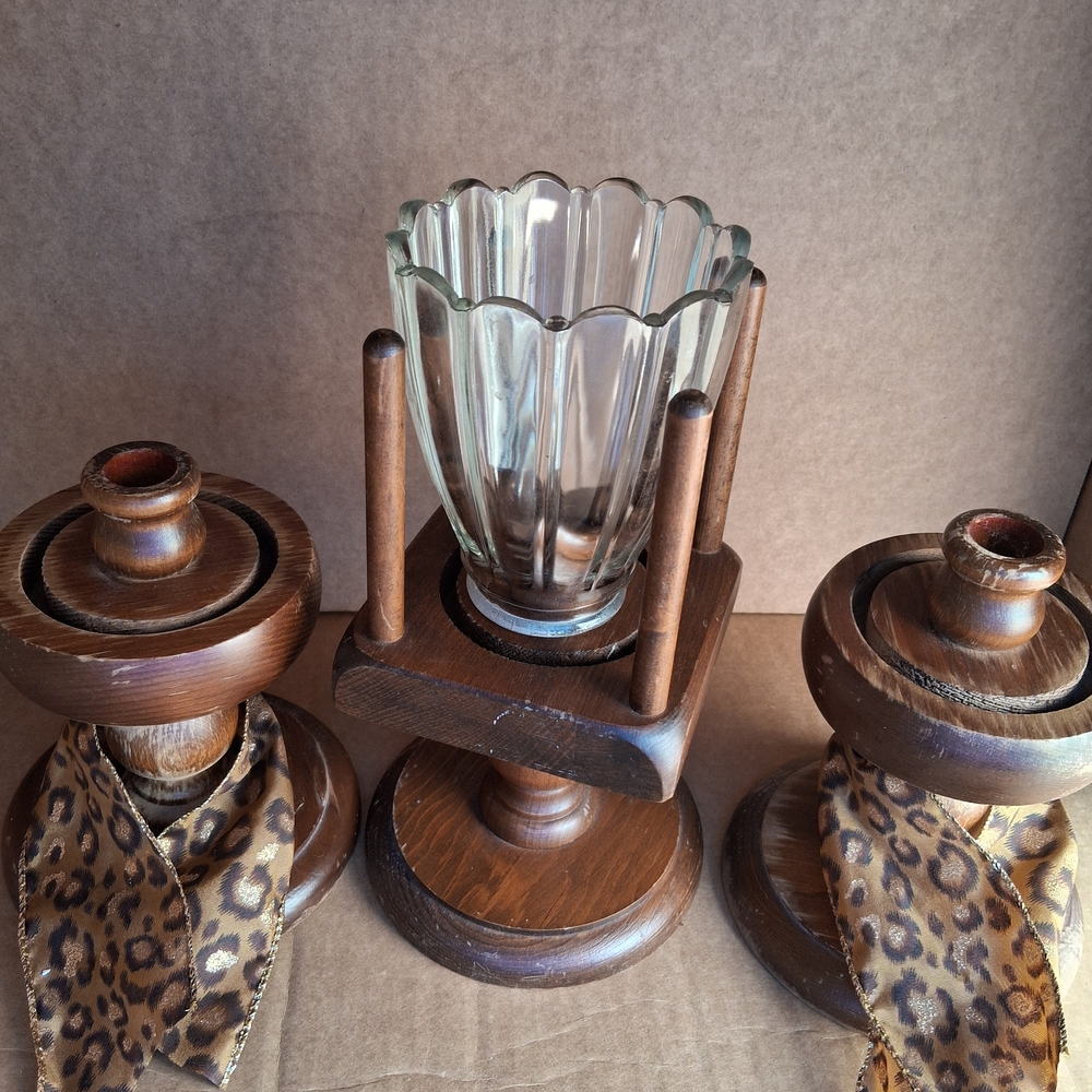 Wooden Candle Holders with Glass Insert